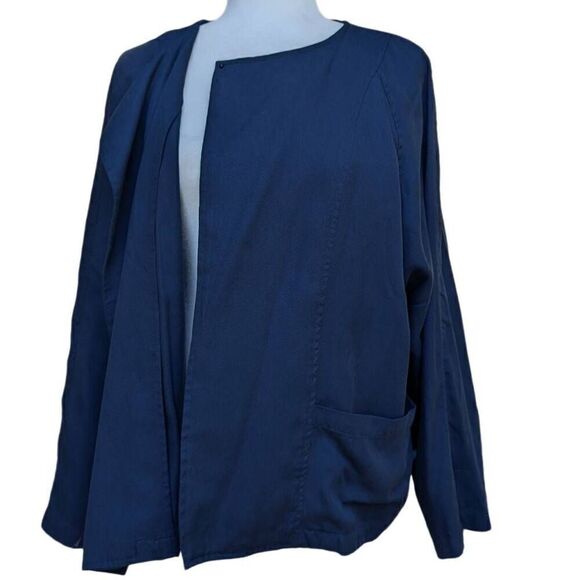 Lucky Brand Navy Blue Tencel Overlay Front Open Light Jacket Size M Pockets - Picture 2 of 8